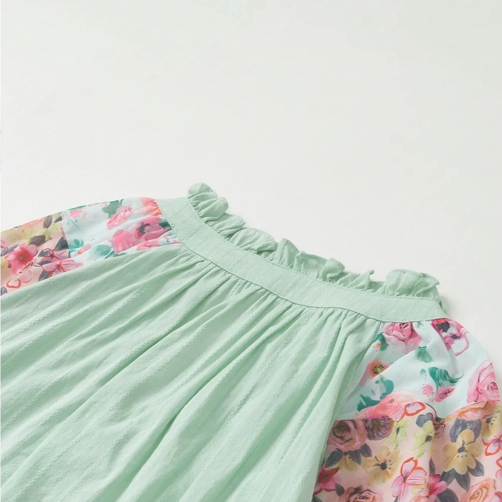 Green Printed Floral Patchwork Frilled Split
Neck Blouse Bohemian Top - Picture 10 of 16